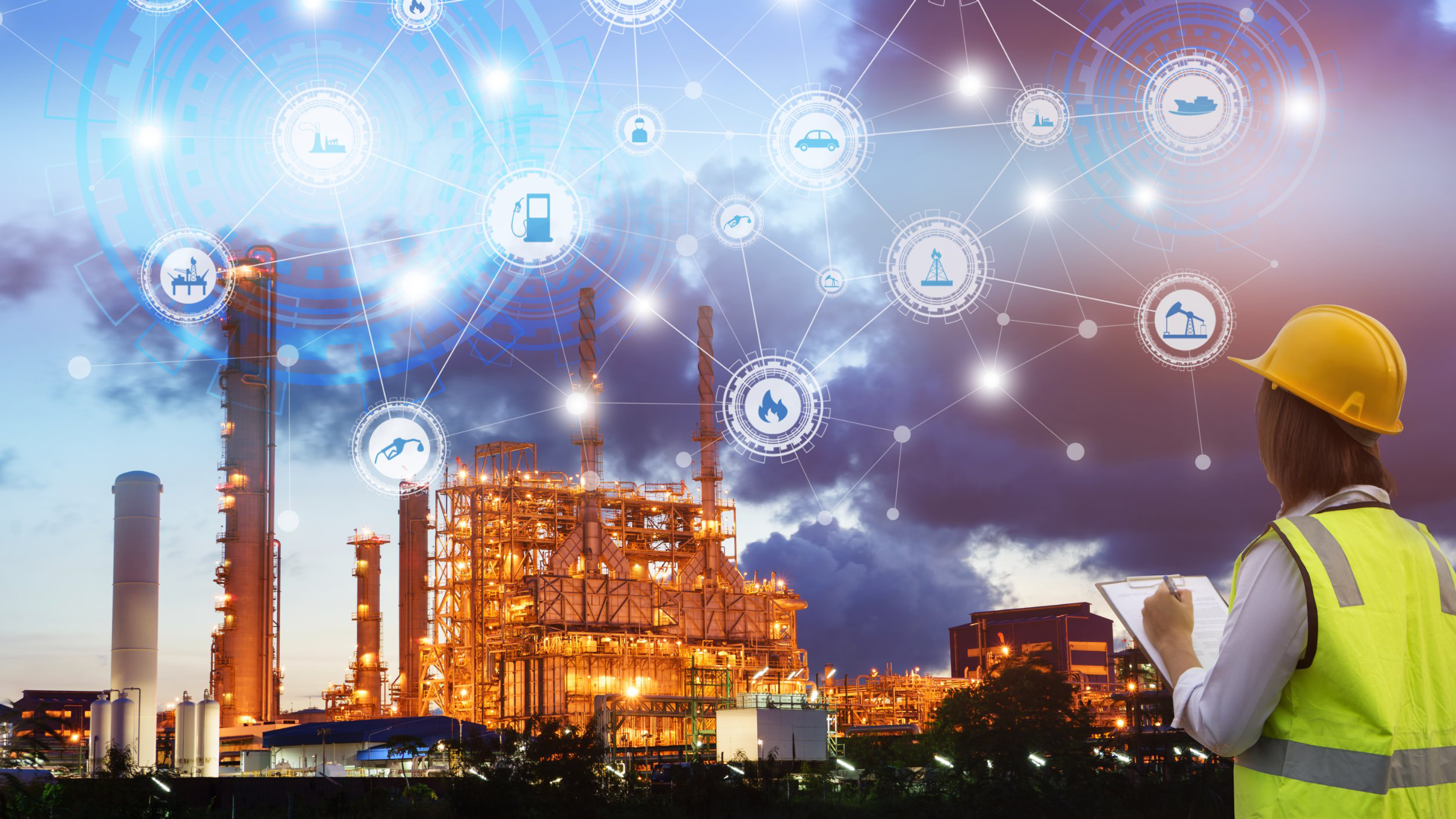 Industry 4.0 concept engineering use clipboard with checking and industrial icons on oil refinery industry sunset background.