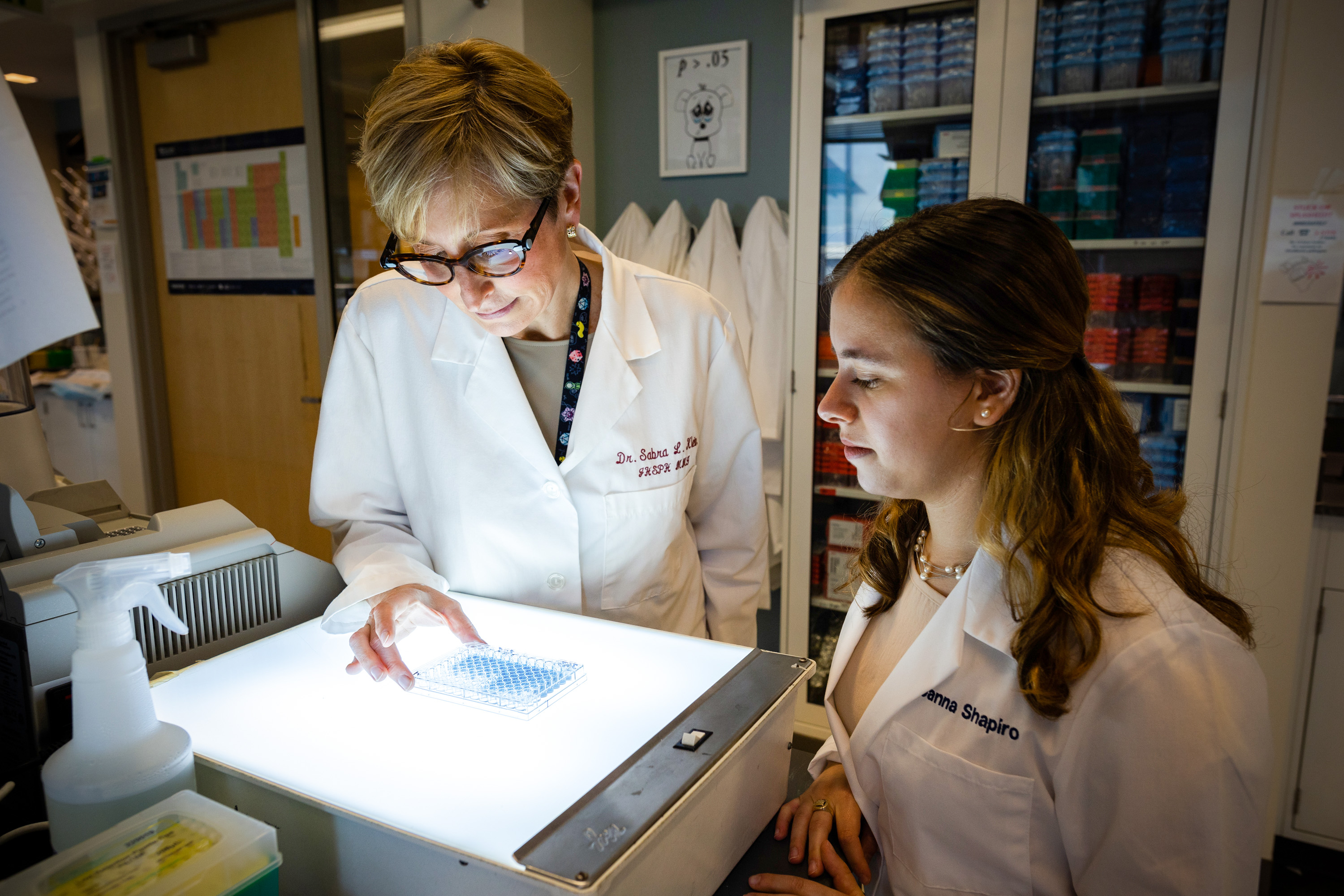 Sabra Klein and Janna Shapiro look at a specimen on a lightbox.